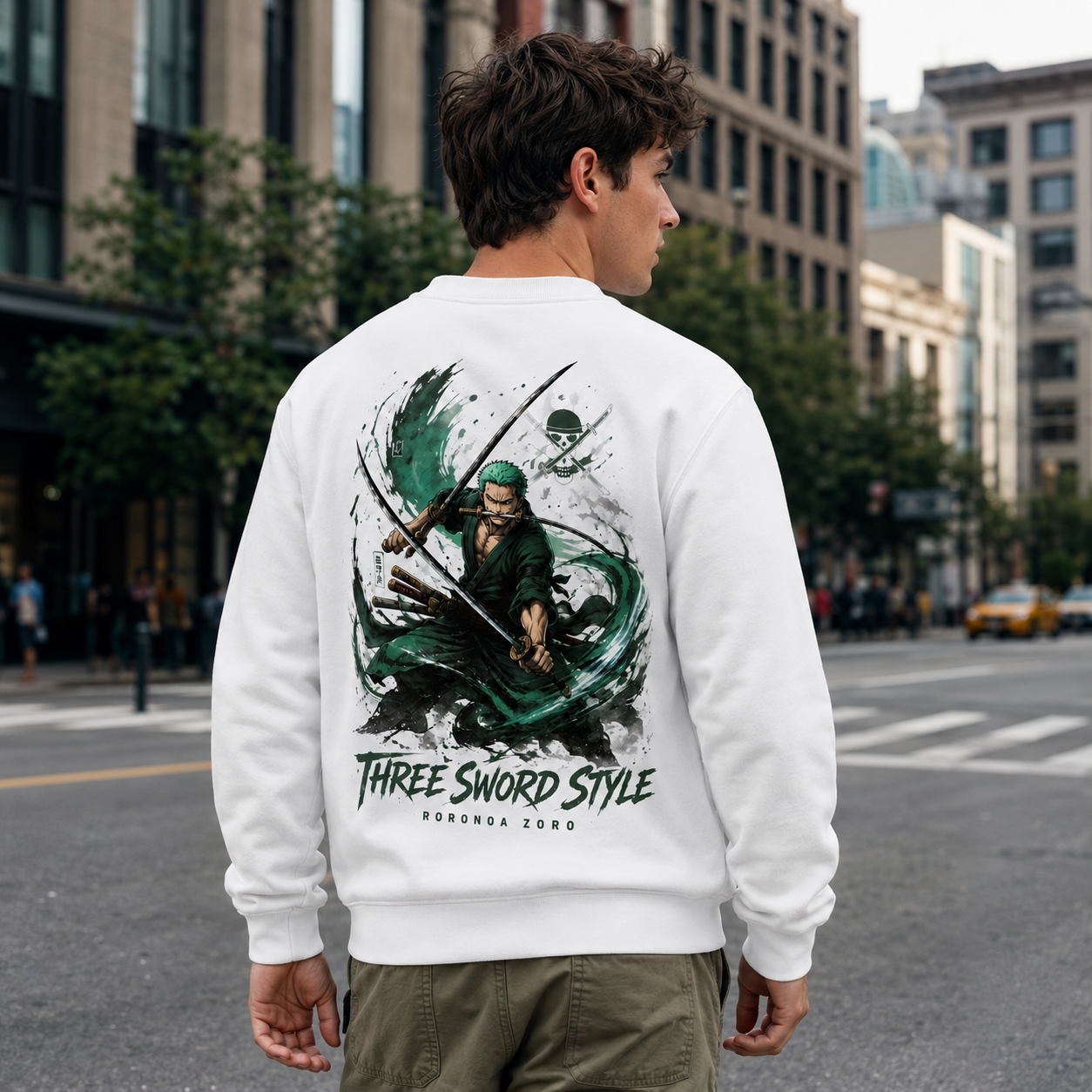 White sweatshirt with Roronoa Zoro One Piece Three Sword Style graphic – photo 3