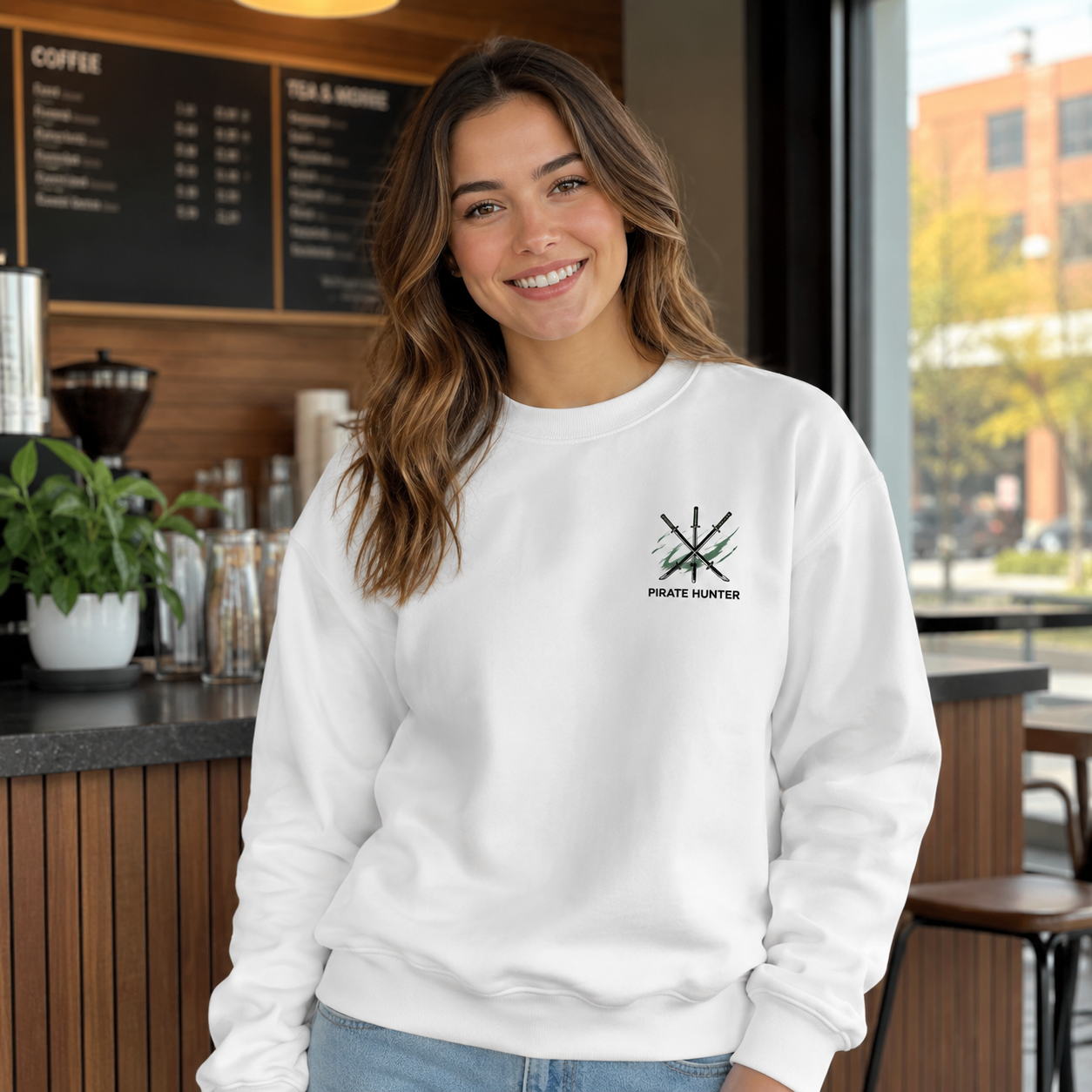 White sweatshirt with Roronoa Zoro One Piece Three Sword Style graphic – photo 4