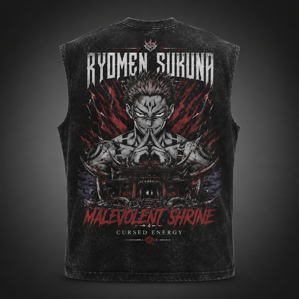 Washed black tank top with Ryomen Sukuna Jujutsu Kaisen Malevolent Shrine graphic – photo 1