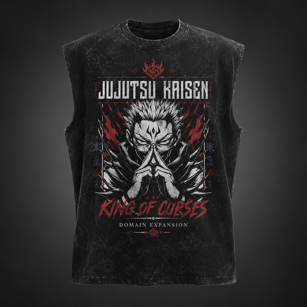Washed black tank top with Ryomen Sukuna Jujutsu Kaisen Malevolent Shrine graphic – photo 2