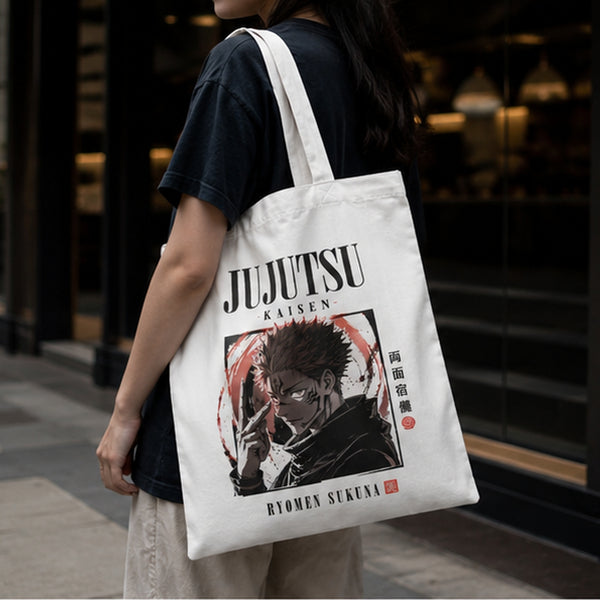 White tote bag with Ryomen Sukuna Jujutsu Kaisen Sukuna Ink Portrait graphic – photo 1