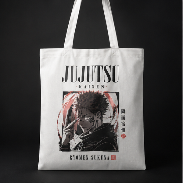White tote bag with Ryomen Sukuna Jujutsu Kaisen Sukuna Ink Portrait graphic – photo 2
