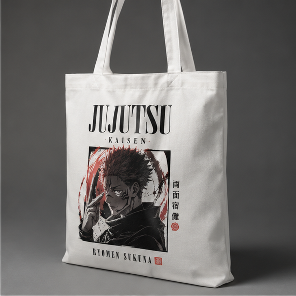 White tote bag with Ryomen Sukuna Jujutsu Kaisen Sukuna Ink Portrait graphic – photo 3