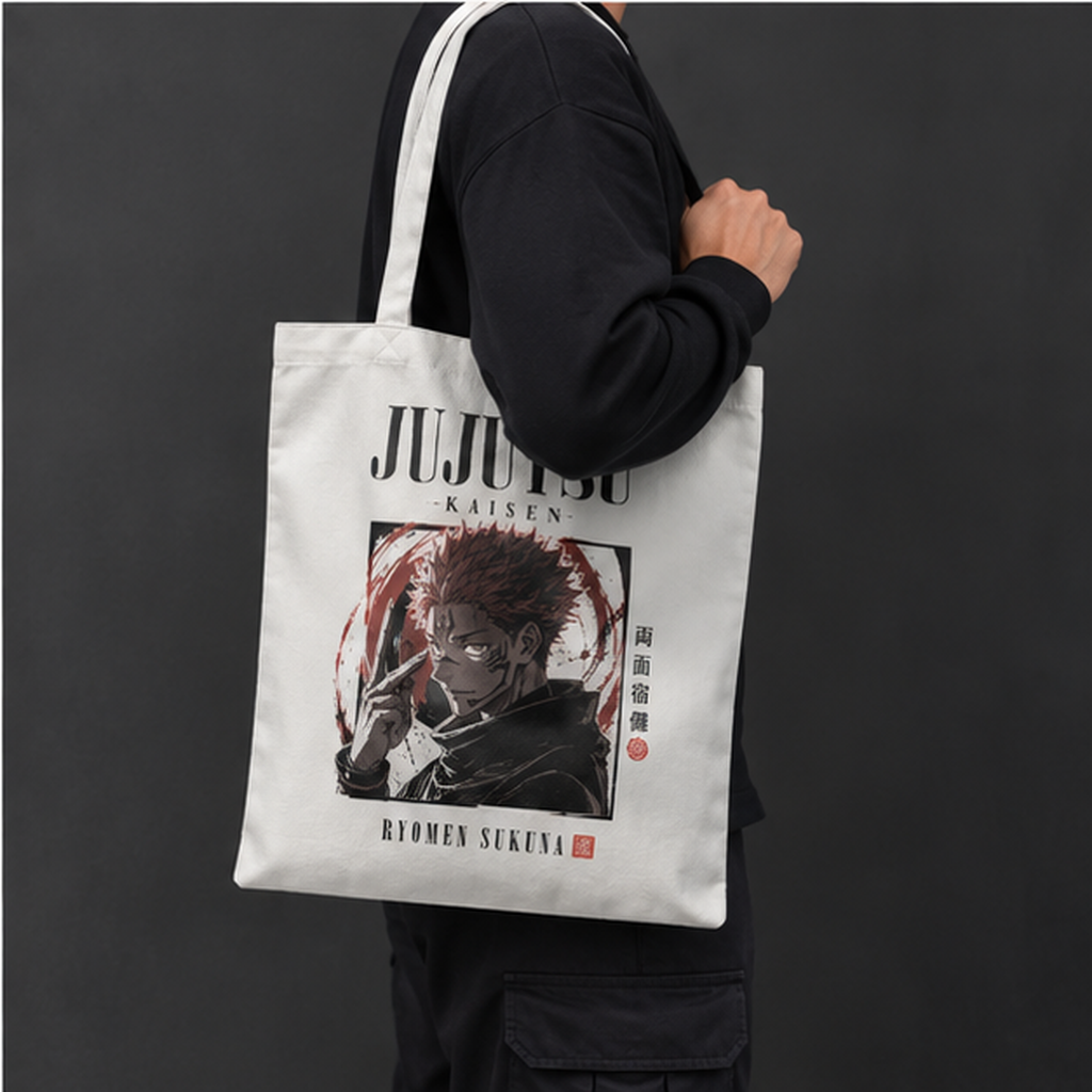 White tote bag with Ryomen Sukuna Jujutsu Kaisen Sukuna Ink Portrait graphic – photo 4