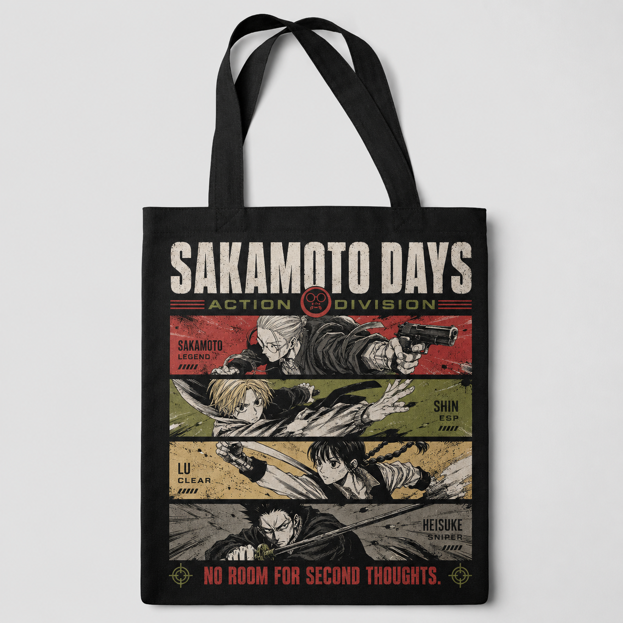 Black tote bag with Sakamoto Days Action Division graphic – photo 1