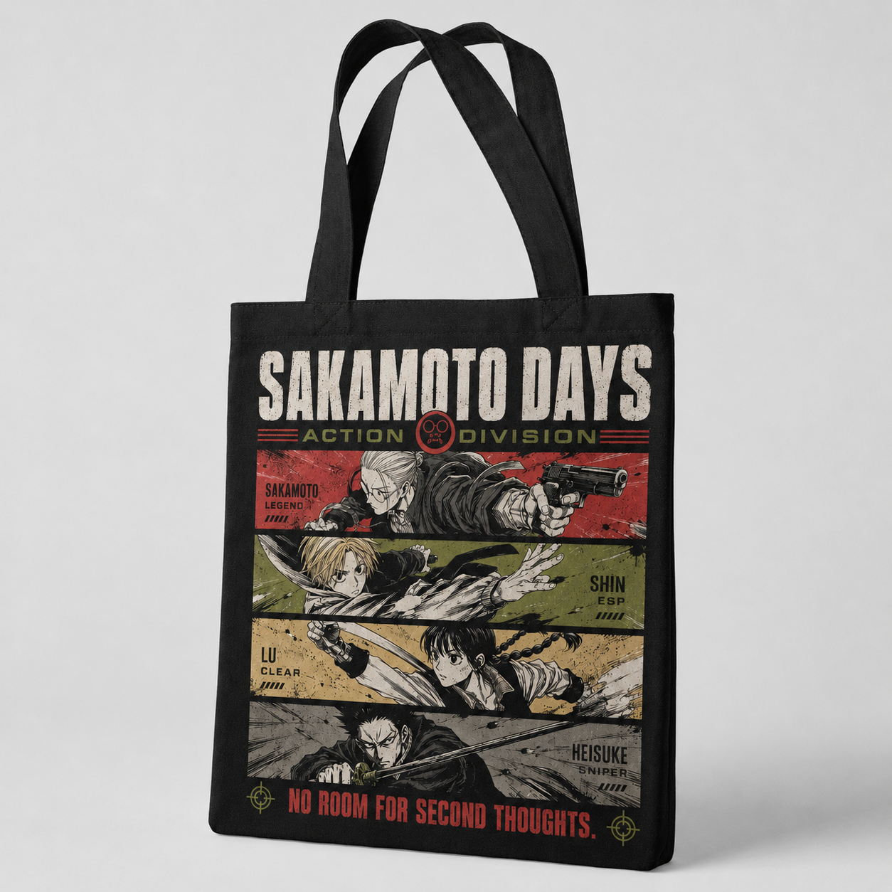 Black tote bag with Sakamoto Days Action Division graphic – photo 2
