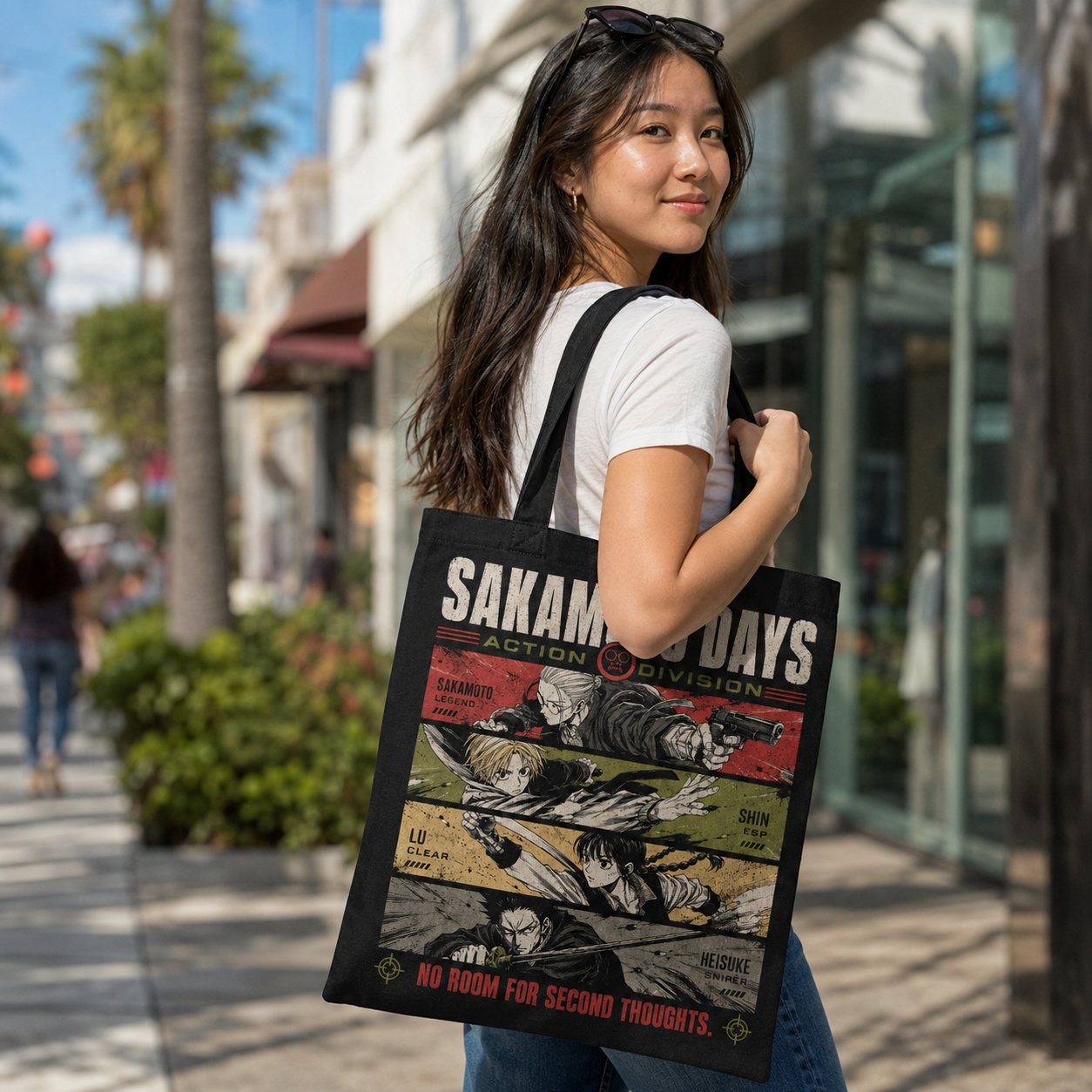 Black tote bag with Sakamoto Days Action Division graphic – photo 3