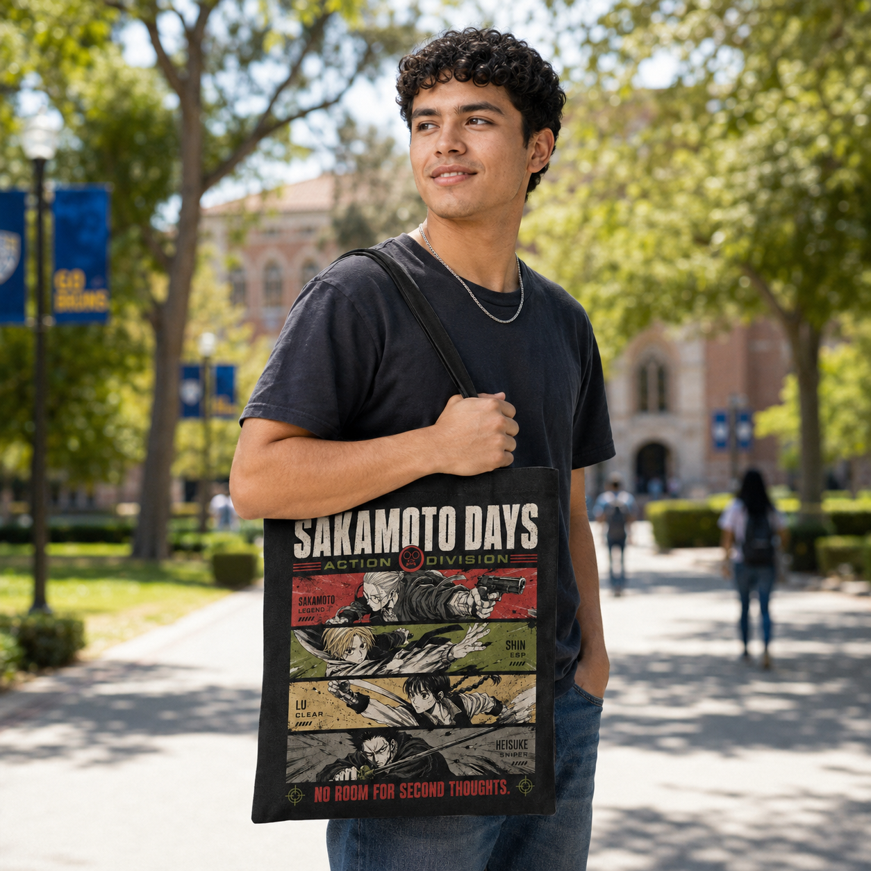 Black tote bag with Sakamoto Days Action Division graphic – photo 4