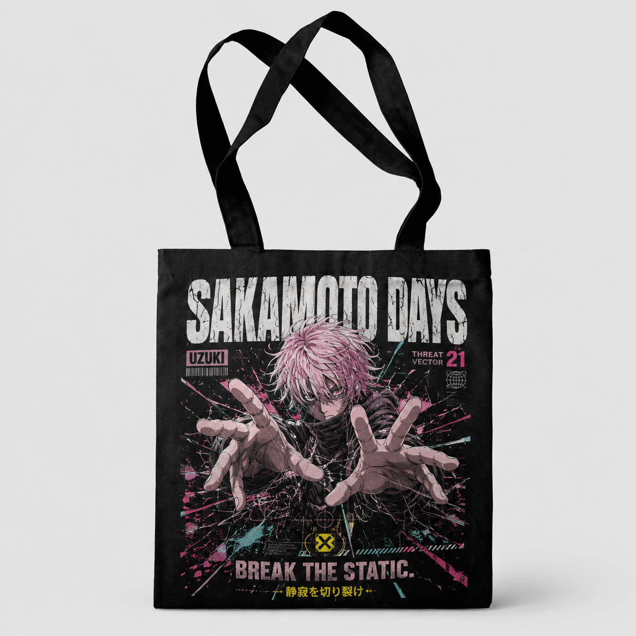 Black tote bag with Sakamoto Days Break The Static graphic – photo 1