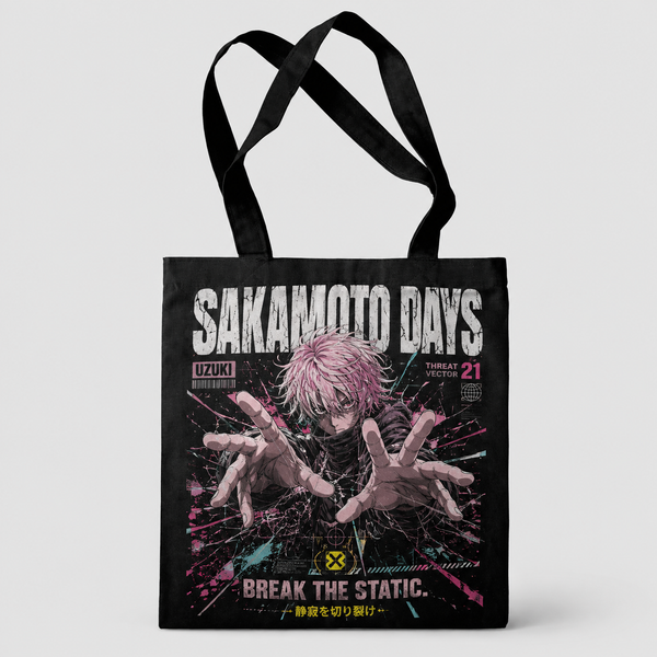 Black tote bag with Sakamoto Days Break The Static graphic – photo 1