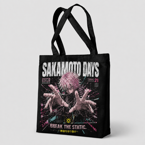 Black tote bag with Sakamoto Days Break The Static graphic – photo 2