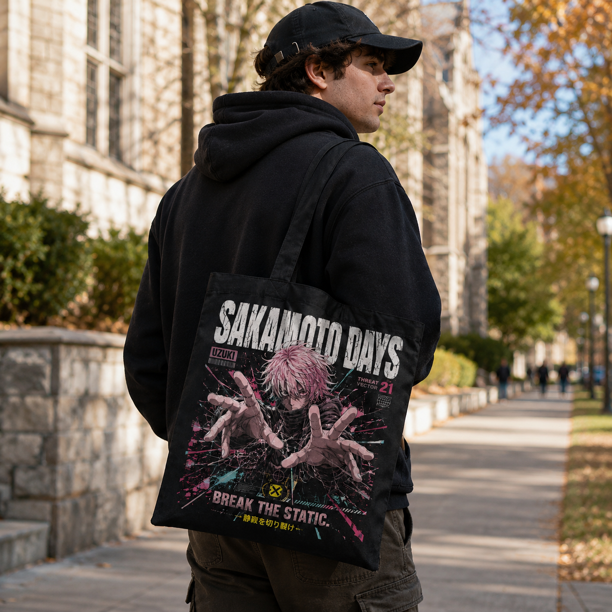 Black tote bag with Sakamoto Days Break The Static graphic – photo 4