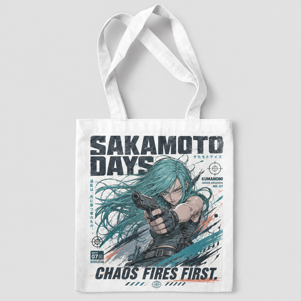 White tote bag with Sakamoto Days Chaos Fires First graphic – photo 1