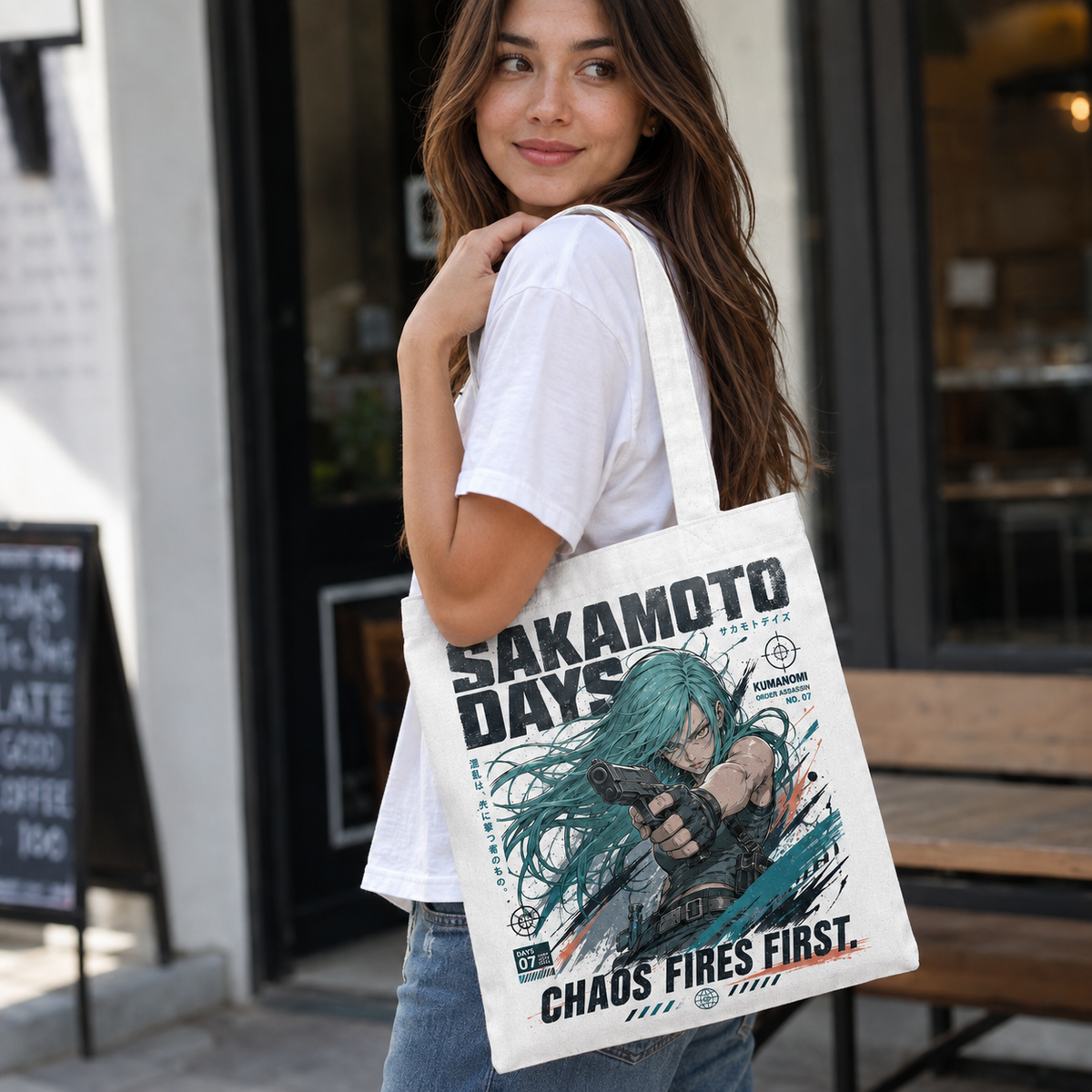 White tote bag with Sakamoto Days Chaos Fires First graphic – photo 3
