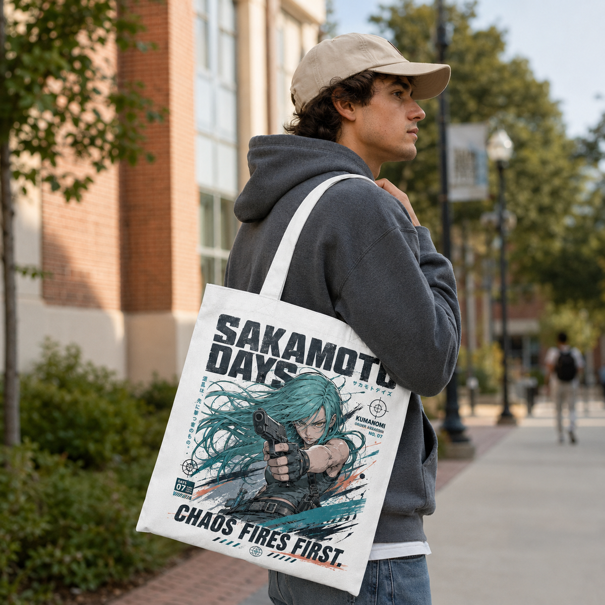 White tote bag with Sakamoto Days Chaos Fires First graphic – photo 4