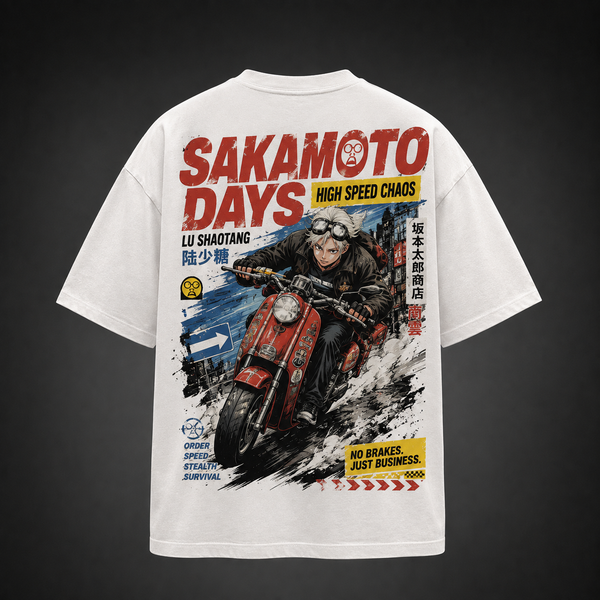 White t-shirt with Sakamoto Days High Speed Chaos graphic – photo 1