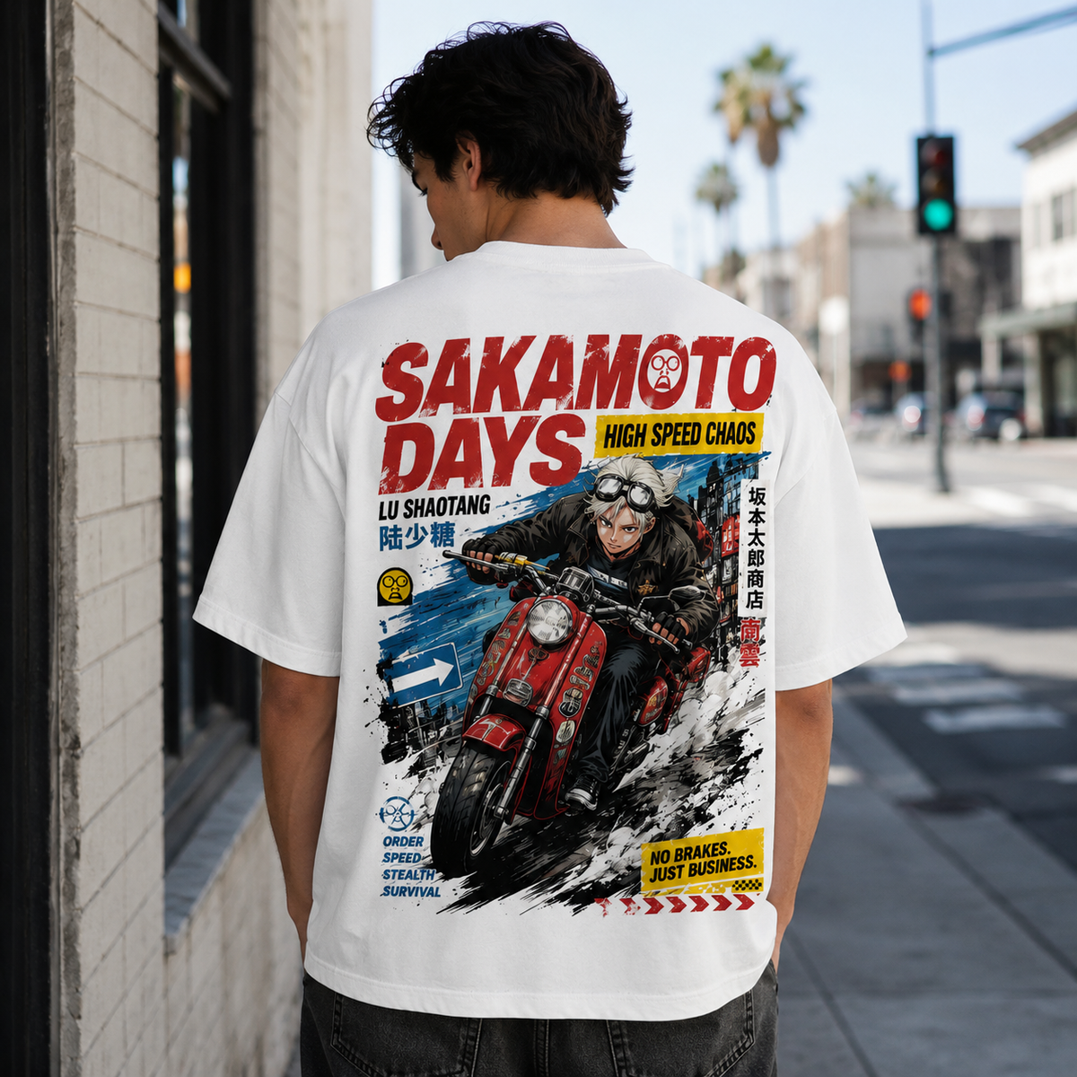 White t-shirt with Sakamoto Days High Speed Chaos graphic – photo 3