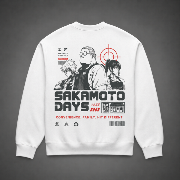 White sweatshirt with Sakamoto Days Hit Different graphic – photo 1