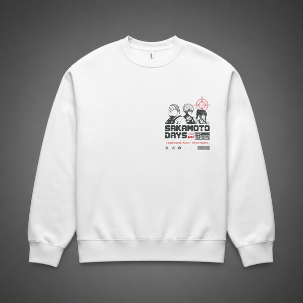 White sweatshirt with Sakamoto Days Hit Different graphic – photo 2