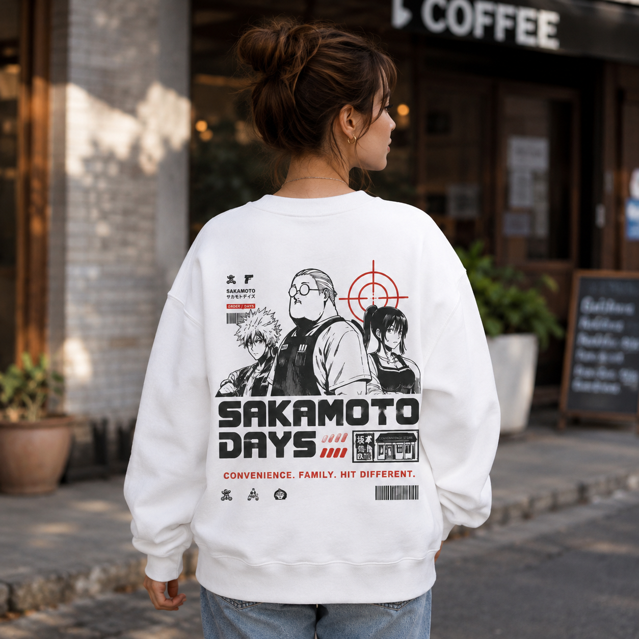 White sweatshirt with Sakamoto Days Hit Different graphic – photo 3