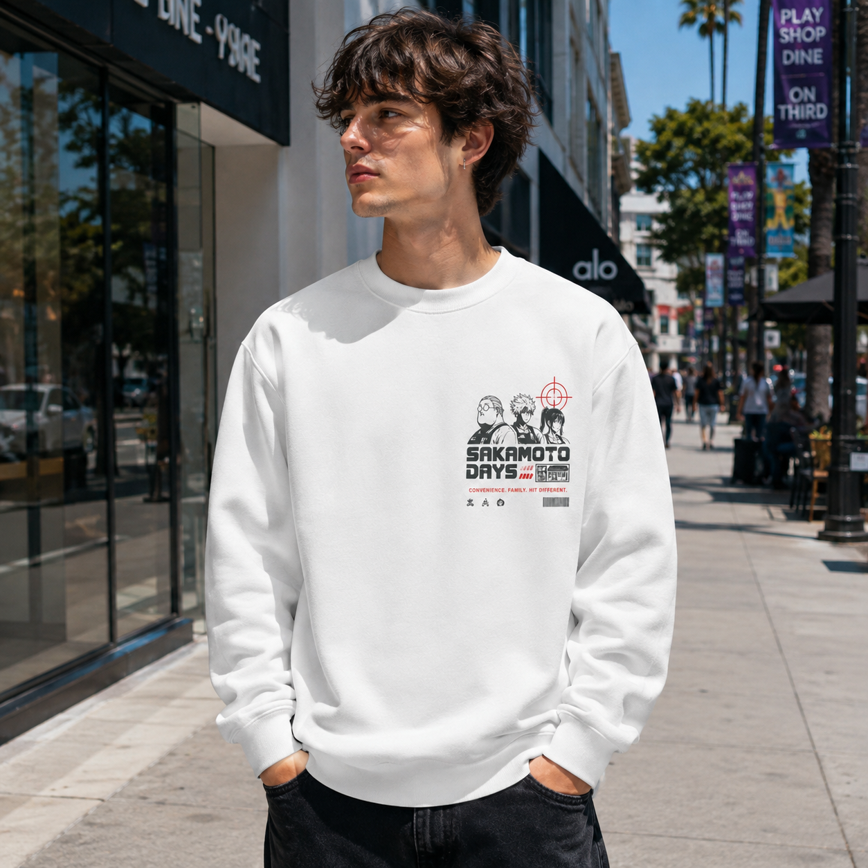 White sweatshirt with Sakamoto Days Hit Different graphic – photo 4