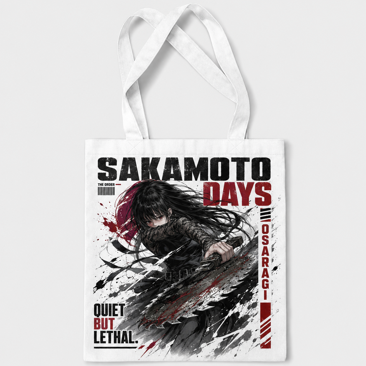 White tote bag with Sakamoto Days Quiet But Lethal graphic – photo 1