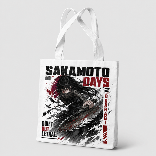 White tote bag with Sakamoto Days Quiet But Lethal graphic – photo 2