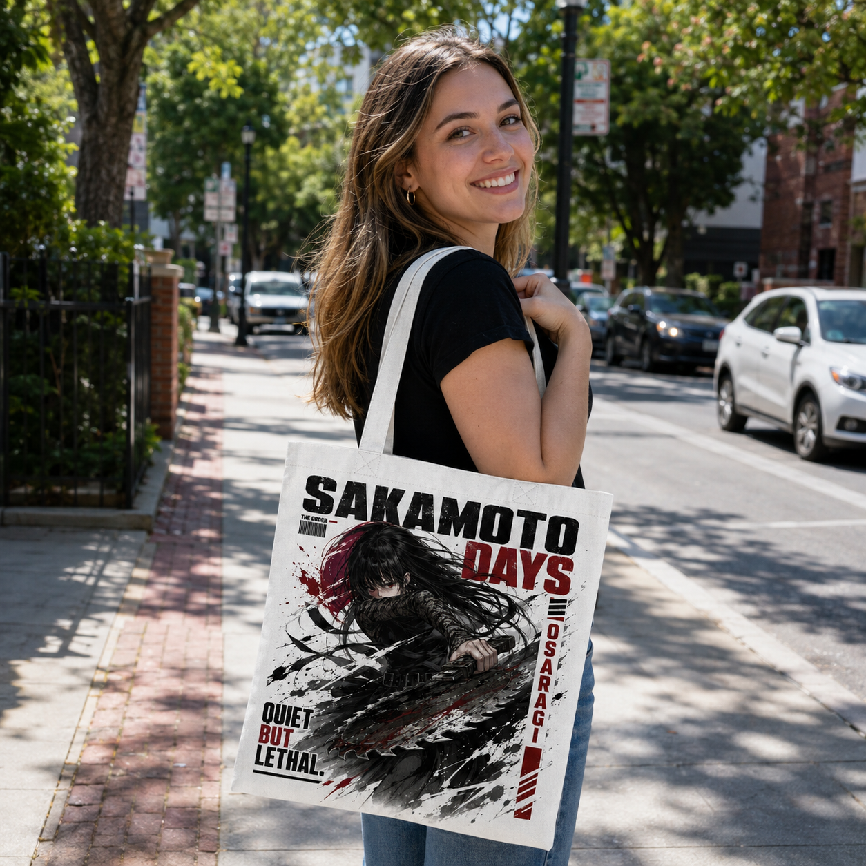 White tote bag with Sakamoto Days Quiet But Lethal graphic – photo 3