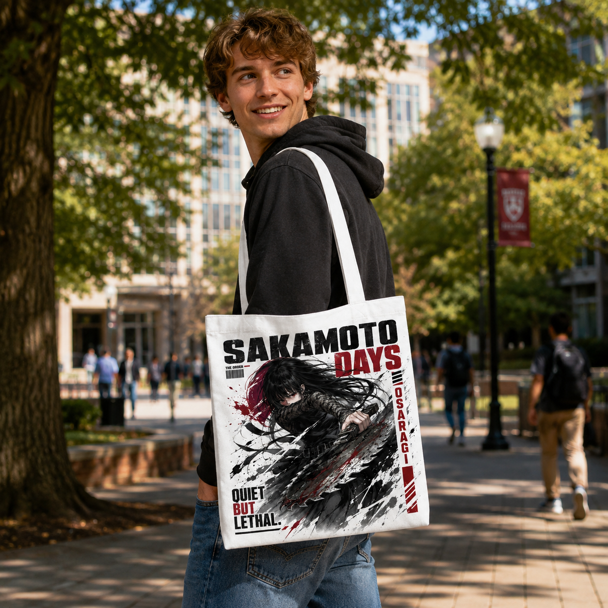 White tote bag with Sakamoto Days Quiet But Lethal graphic – photo 4