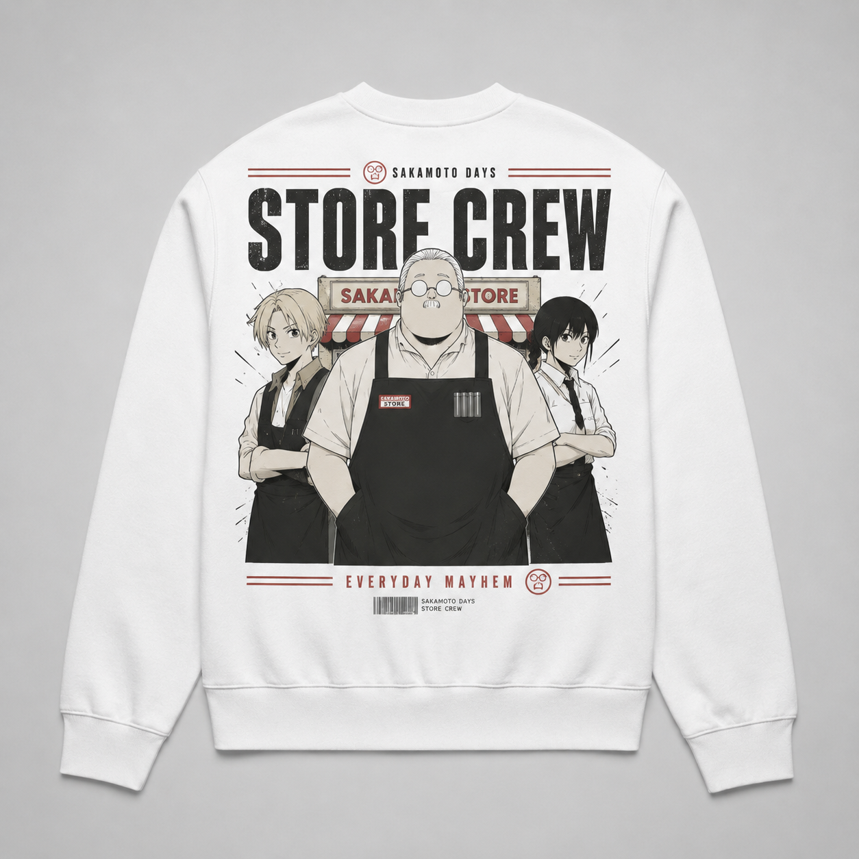 White sweatshirt with Sakamoto Days Store Crew graphic – photo 1