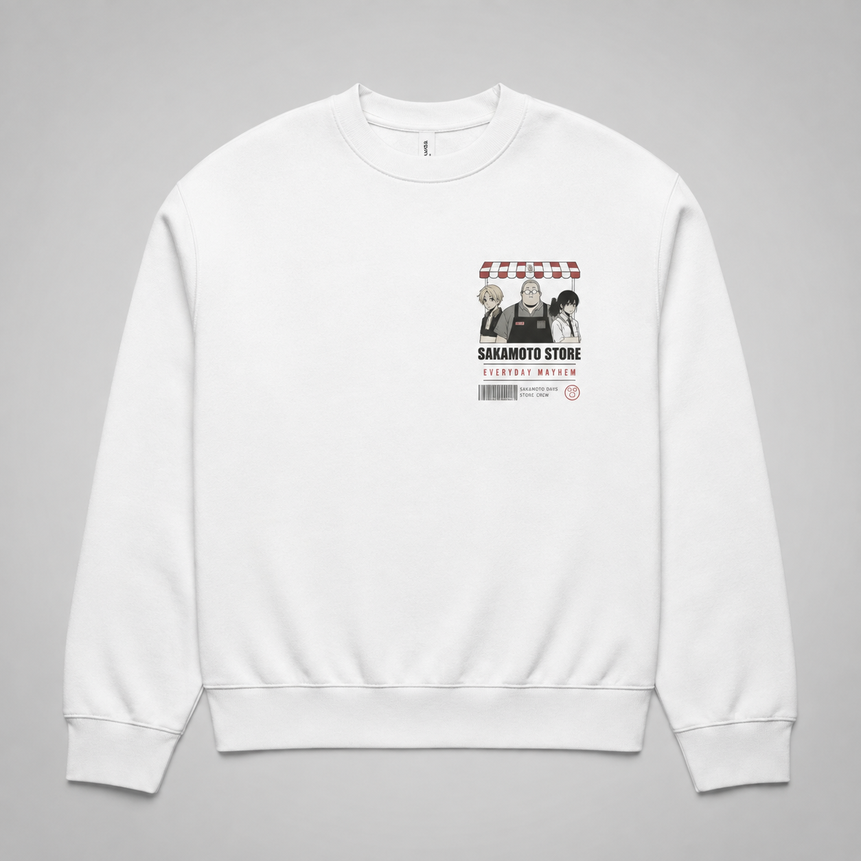 White sweatshirt with Sakamoto Days Store Crew graphic – photo 2