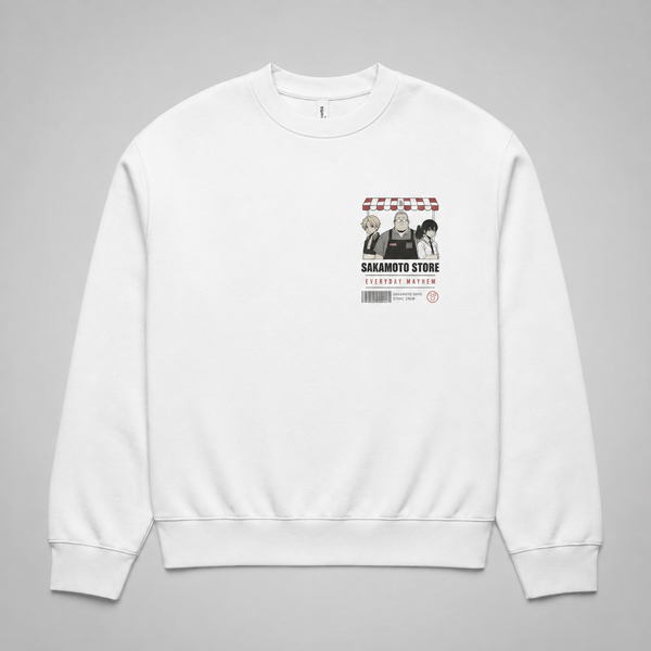 White sweatshirt with Sakamoto Days Store Crew graphic – photo 2