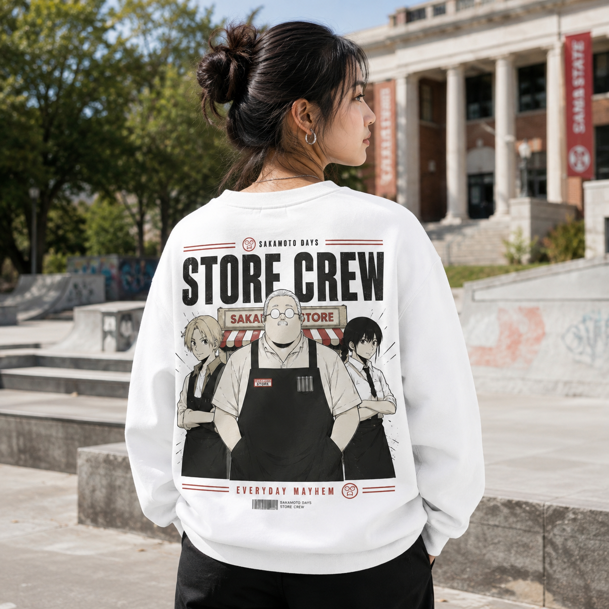 White sweatshirt with Sakamoto Days Store Crew graphic – photo 3
