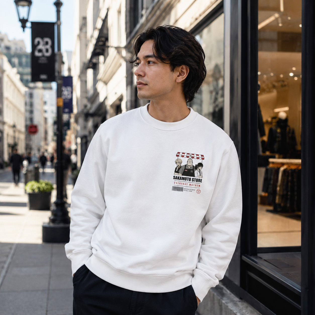 White sweatshirt with Sakamoto Days Store Crew graphic – photo 4