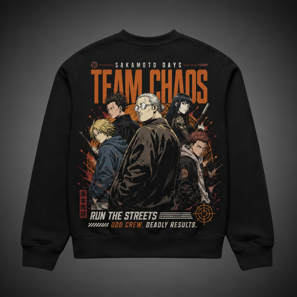 Black sweatshirt with Sakamoto Days Team Chaos graphic – photo 1