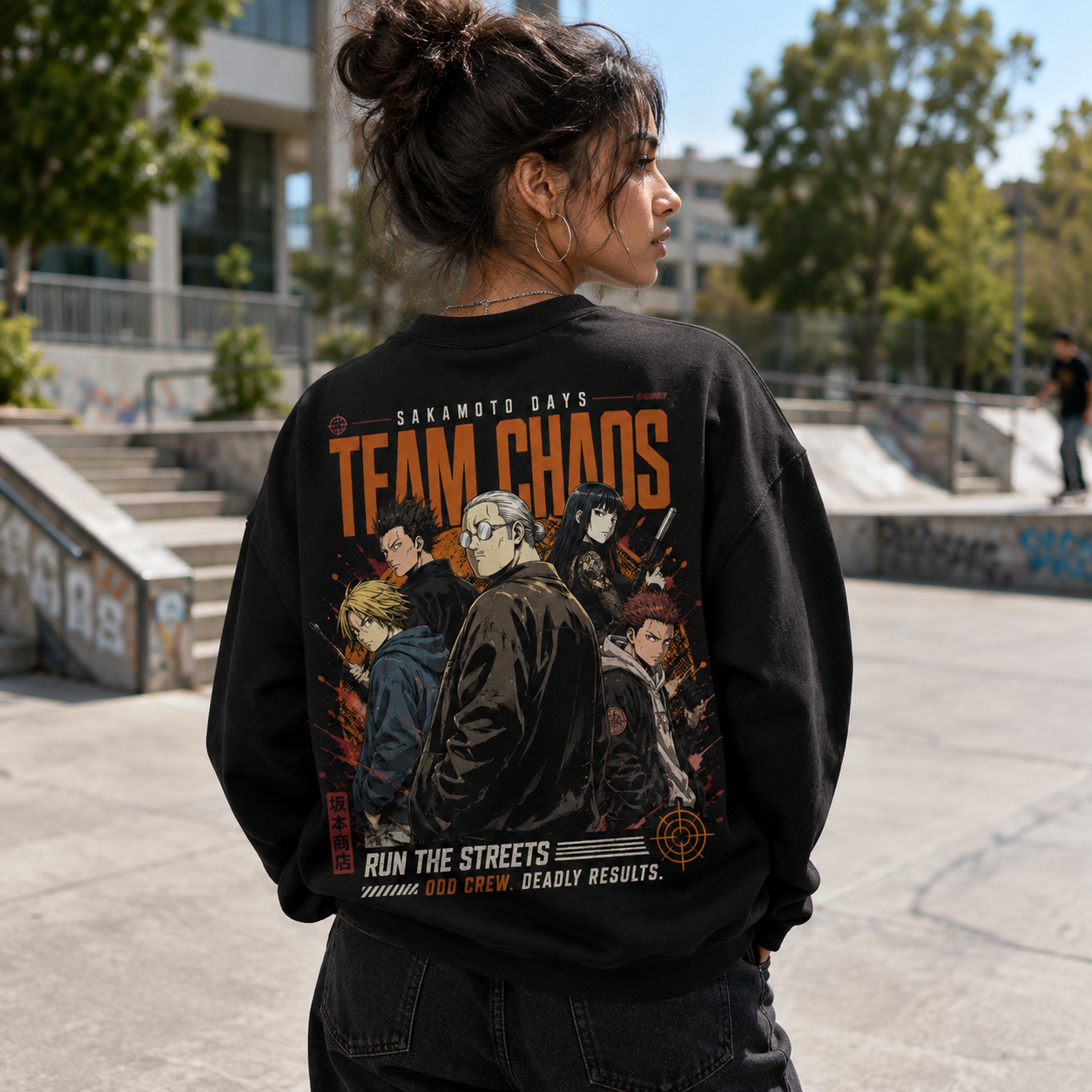 Black sweatshirt with Sakamoto Days Team Chaos graphic – photo 3