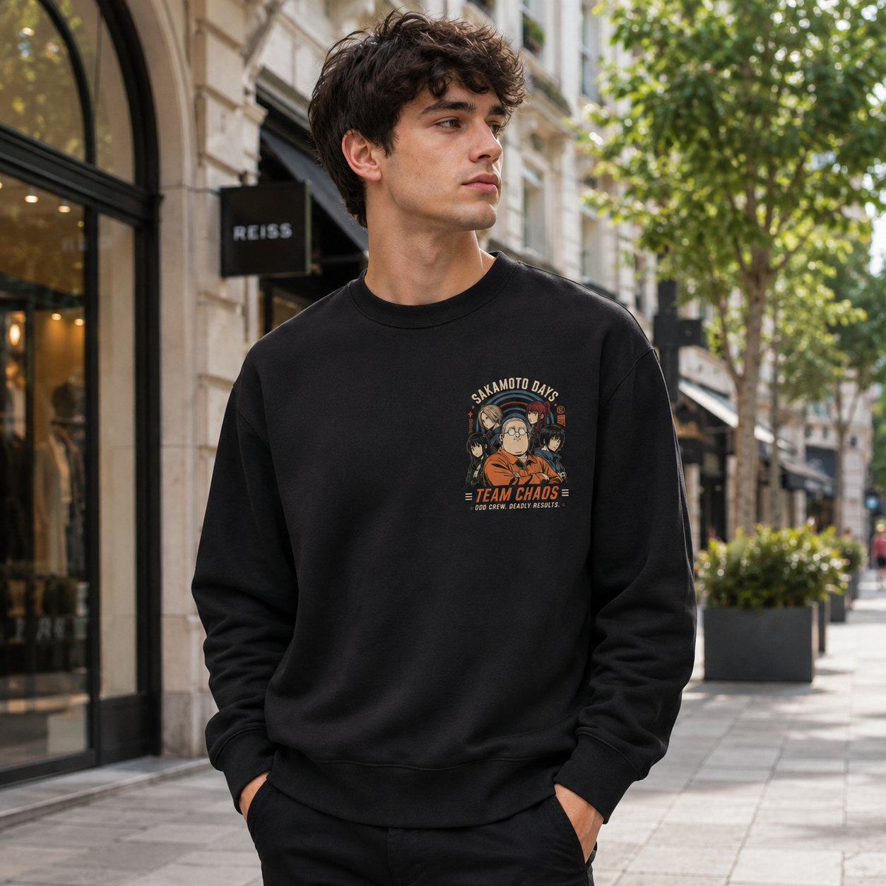 Black sweatshirt with Sakamoto Days Team Chaos graphic – photo 4