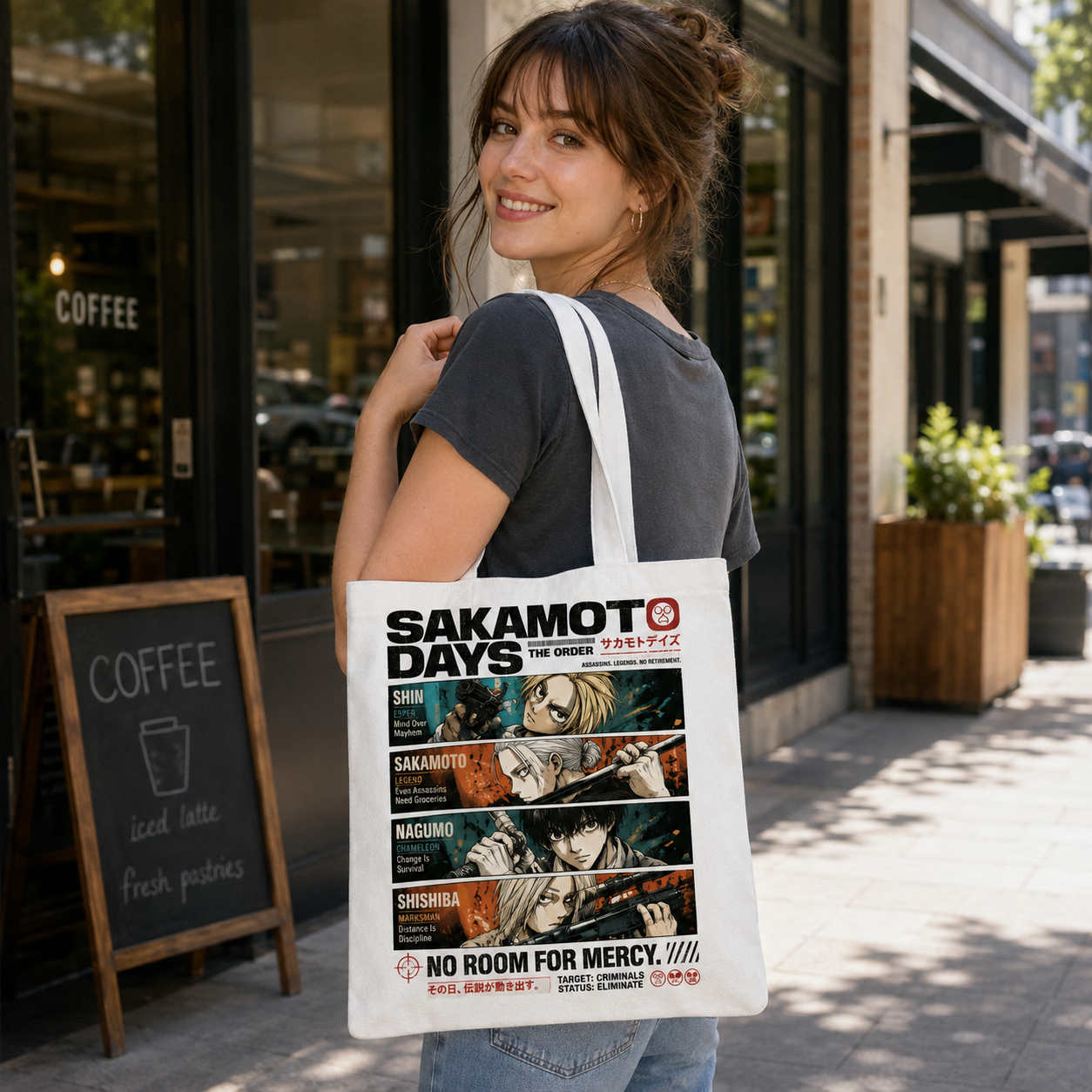Natural tote bag with Sakamoto Days The Order Roster graphic – photo 1