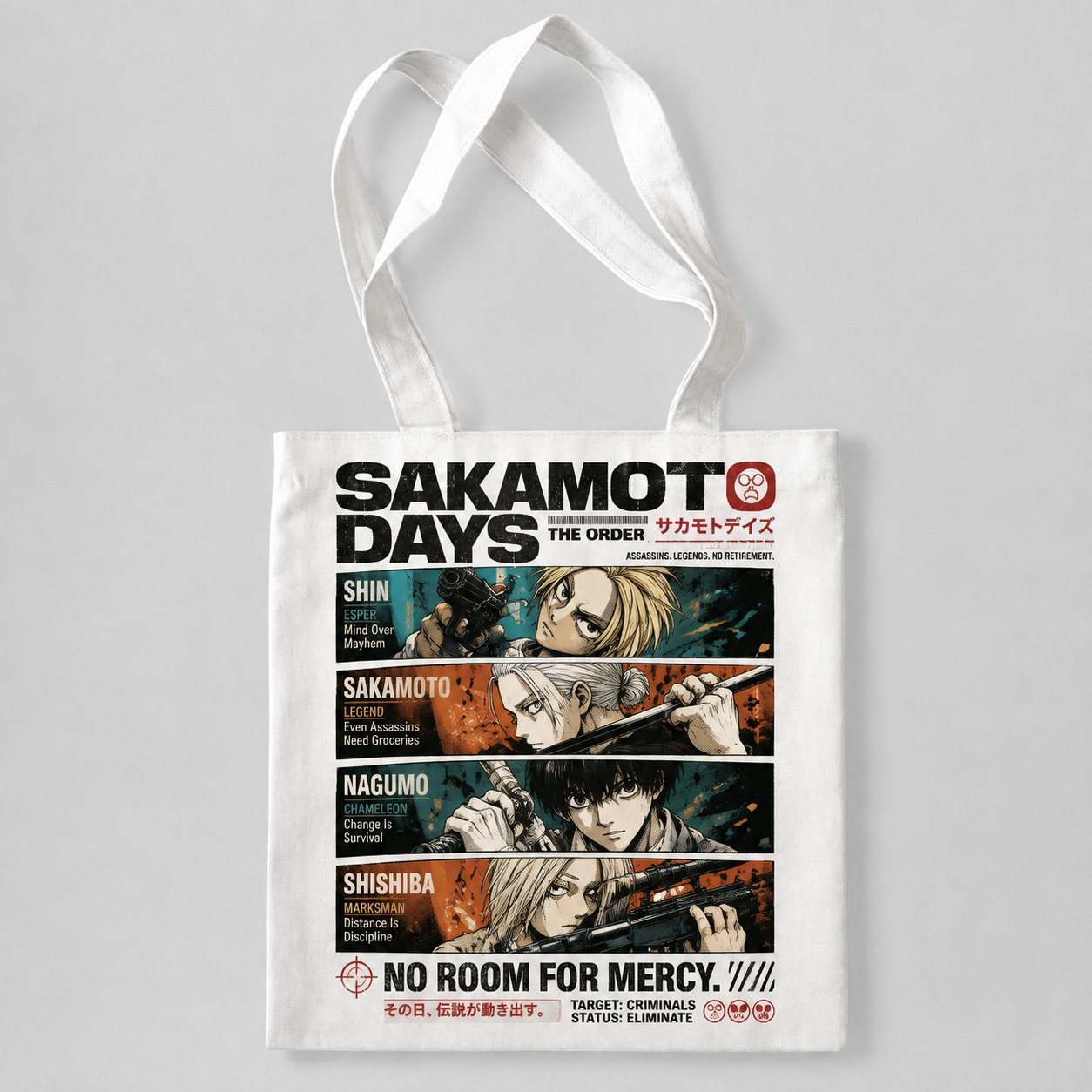Natural tote bag with Sakamoto Days The Order Roster graphic – photo 4