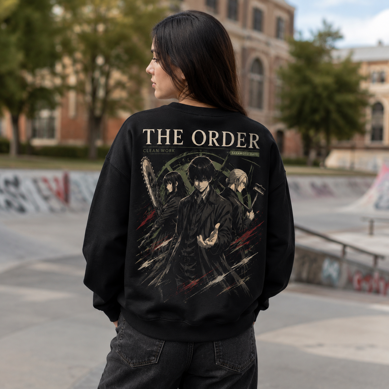 Black sweatshirt with Sakamoto Days The Order graphic – photo 3