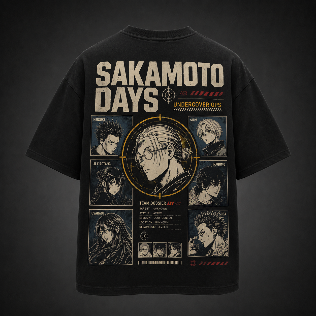 Black t-shirt with Sakamoto Days Undercover Ops Dossier graphic – photo 1
