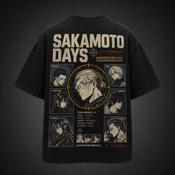 Black t-shirt with Sakamoto Days Undercover Ops Dossier graphic – photo 1