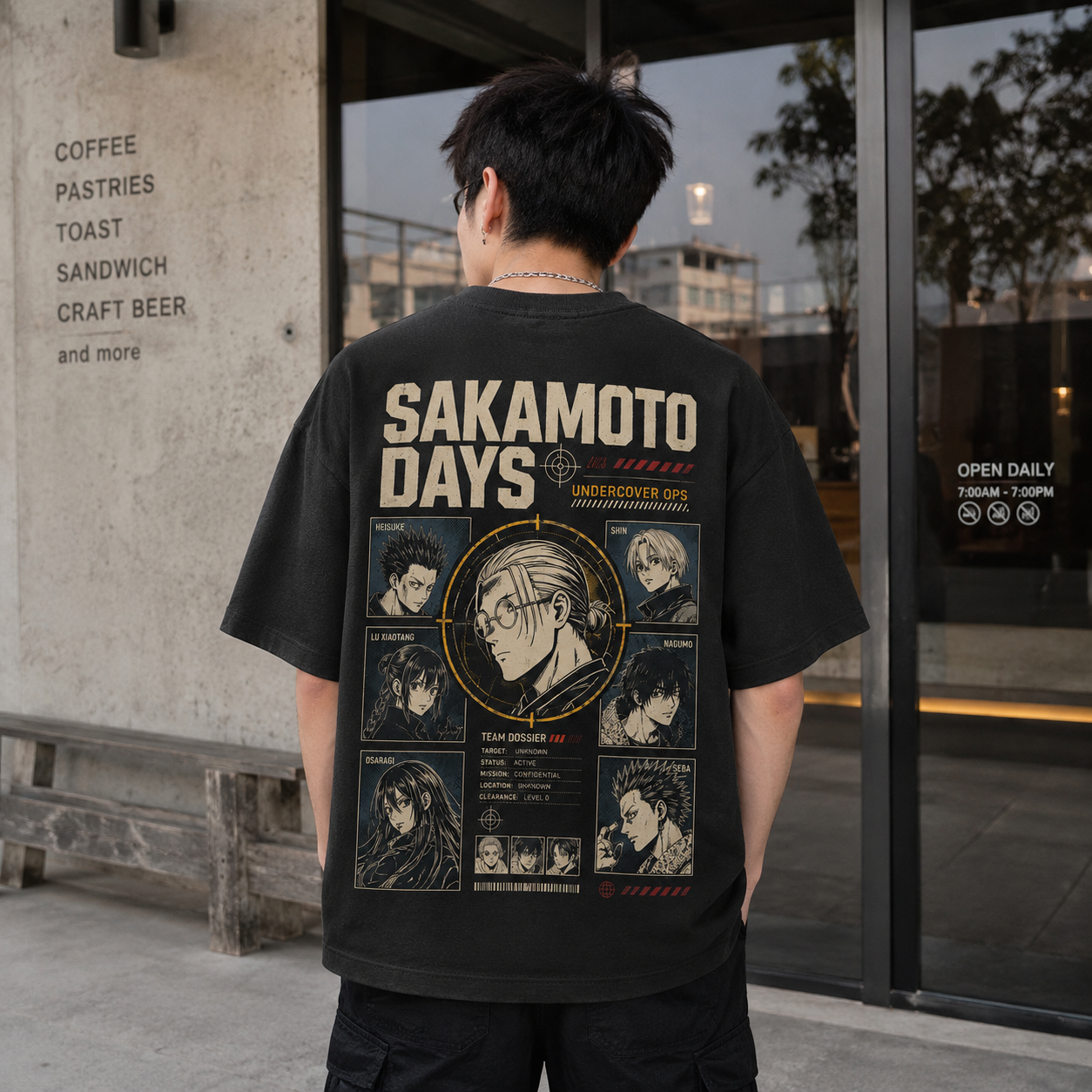 Black t-shirt with Sakamoto Days Undercover Ops Dossier graphic – photo 3