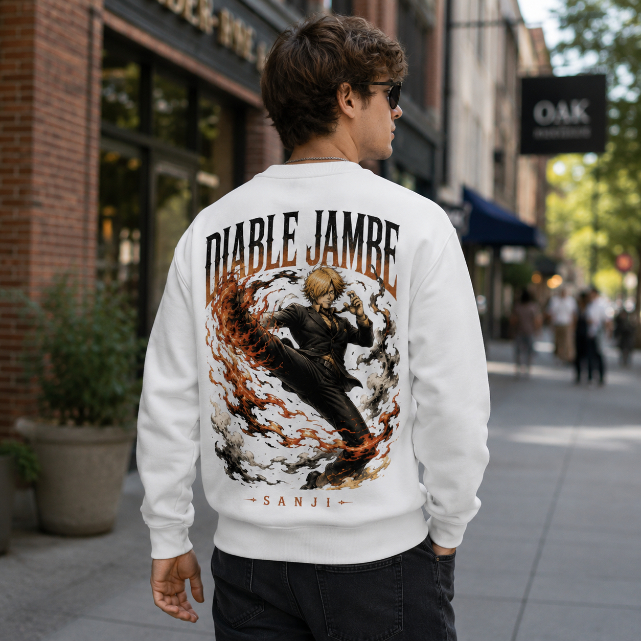 White sweatshirt with Sanji One Piece Diable Jambe graphic – photo 3