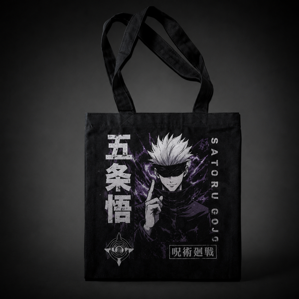 Black tote bag with Satoru Gojo Jujutsu Kaisen Gojo Kanji Portrait graphic – photo 1