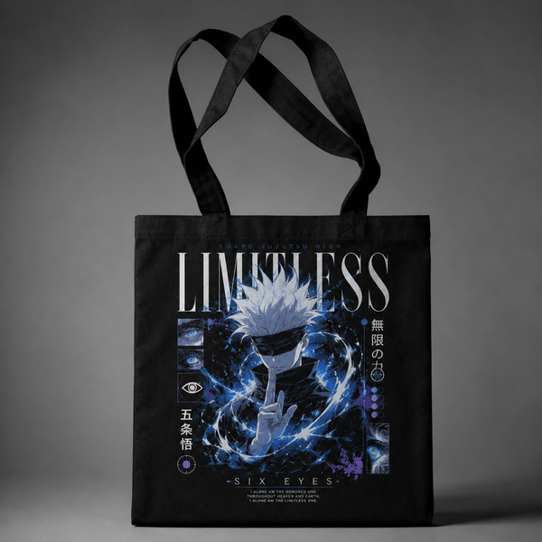 Black tote bag with Satoru Gojo Jujutsu Kaisen Limitless Infinity Gojo graphic – photo 1