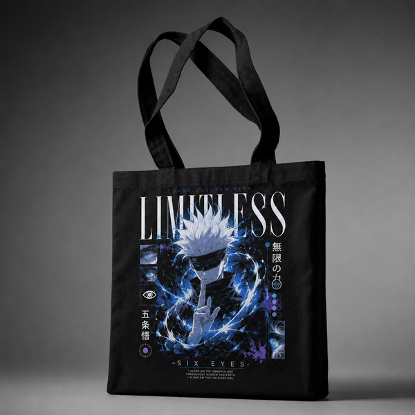 Black tote bag with Satoru Gojo Jujutsu Kaisen Limitless Infinity Gojo graphic – photo 2