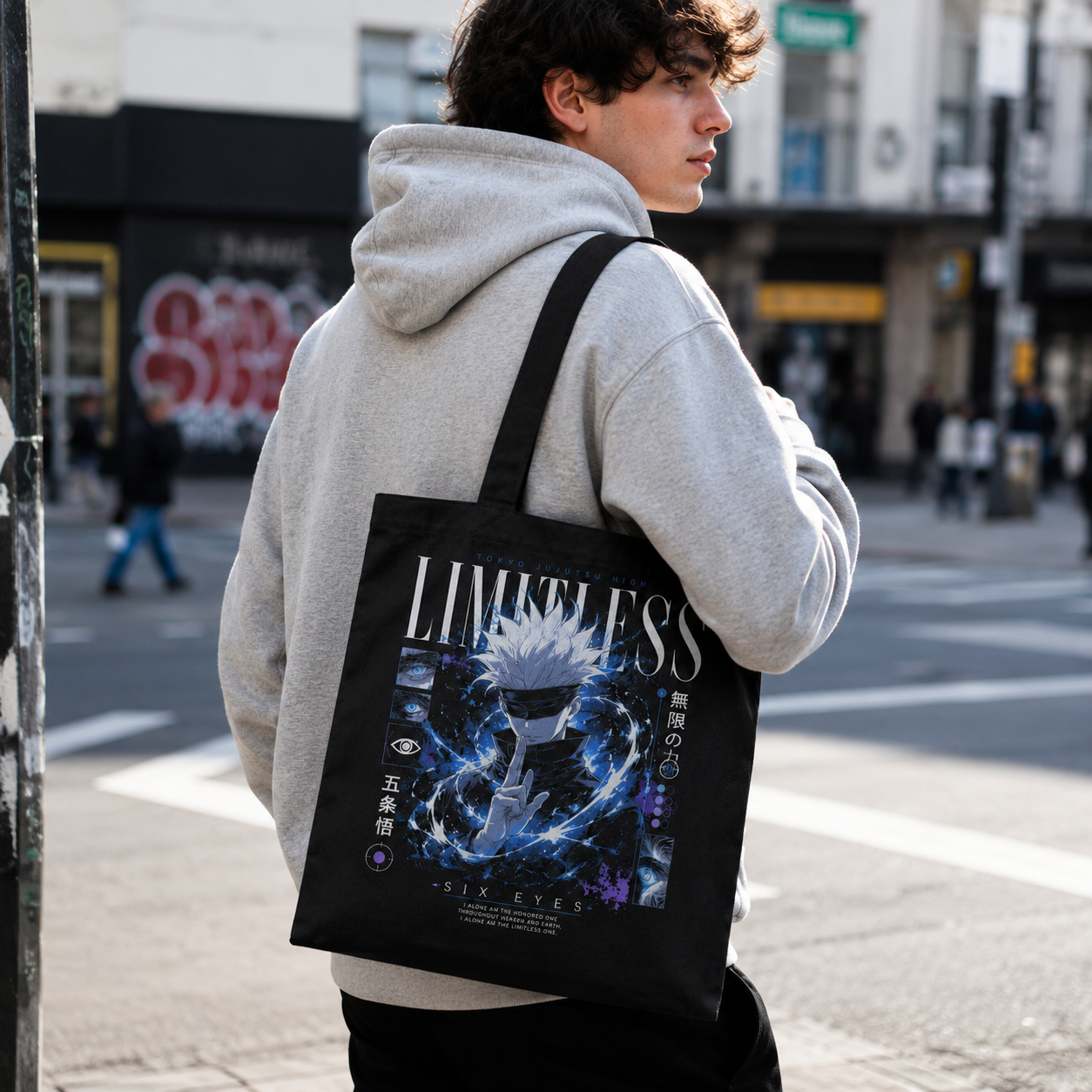 Black tote bag with Satoru Gojo Jujutsu Kaisen Limitless Infinity Gojo graphic – photo 3