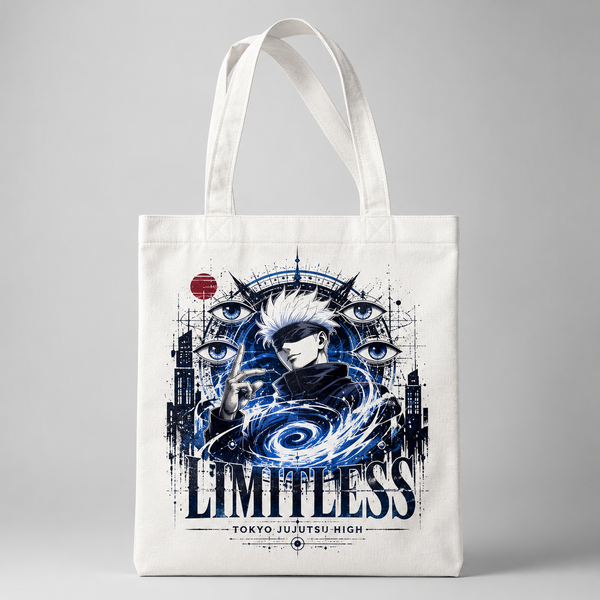 White tote bag with Satoru Gojo Jujutsu Kaisen Limitless Infinity graphic – photo 1