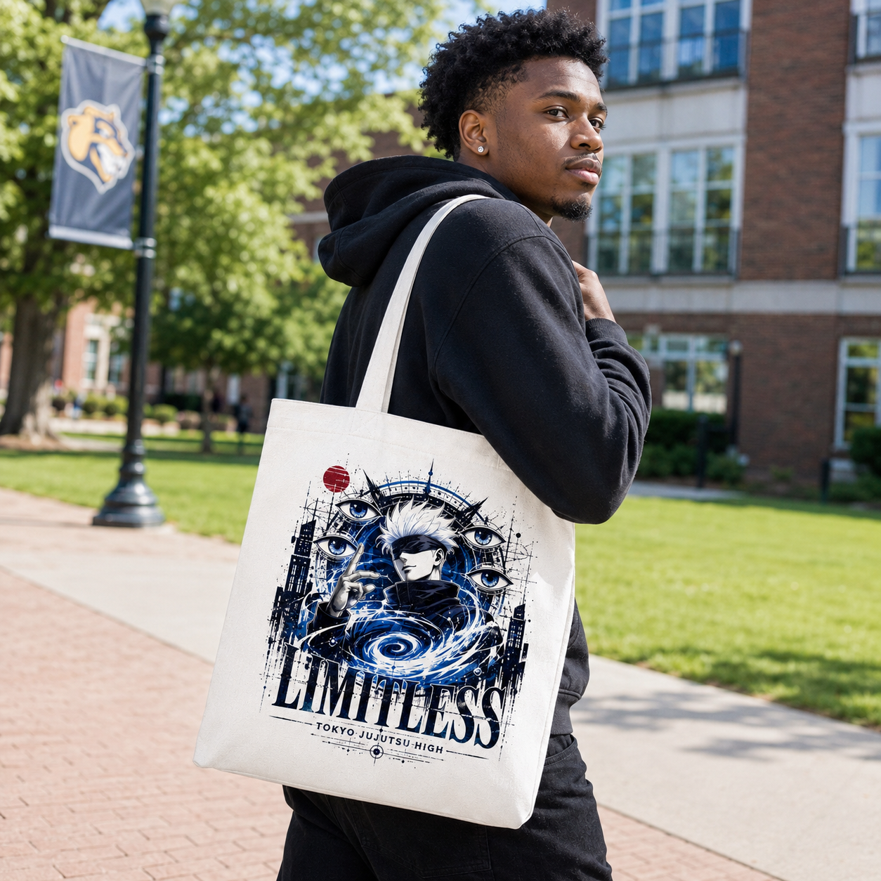 White tote bag with Satoru Gojo Jujutsu Kaisen Limitless Infinity graphic – photo 4